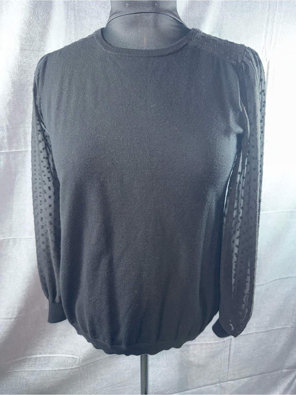 2887-Adrianna Papell Black Crewneck Sweater with Sheer Polka-Dot Sleeves